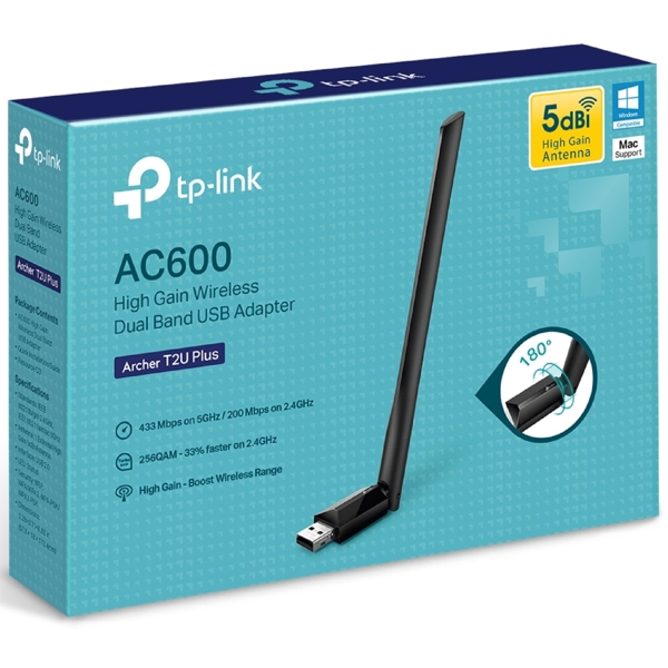 Wi-Fi ადაპტერი TP-Link Archer T2U Plus (US) AC600, 2.4GHz, External Network Adapter, Black