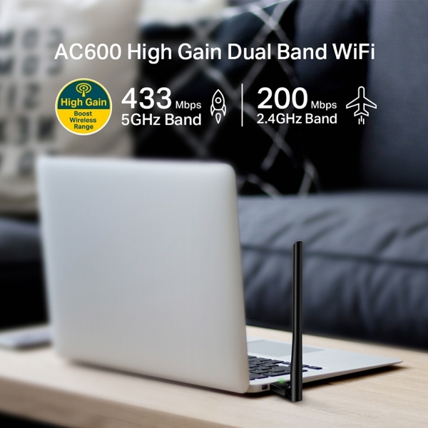 Wi-Fi ადაპტერი TP-Link Archer T2U Plus (US) AC600, 2.4GHz, External Network Adapter, Black