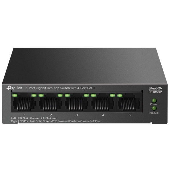 სვიჩი TP-Link LS105GP, 5-Port Gigabit, PoE+ Switch, Black