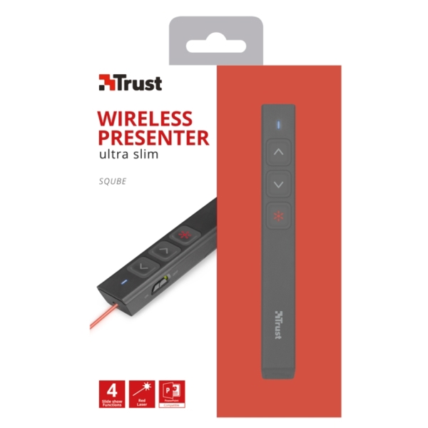 პრეზენტერი  TRUST SQUBE ULTRA-SLIM WIRELESS PRESENTER / 4 PowerPoint functions / Up to 15 meters wireless range / Storable USB micro receiver / BLACK