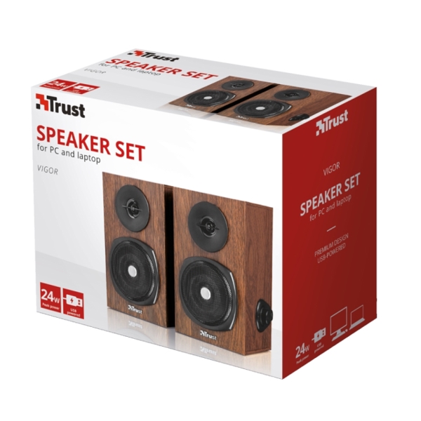 დინამიკი  TRUST VIGOR SPEAKER 24W peak power (12 Watt RMS) / Volume control and power button on the side / USB-powered – no wall power needed -Wood Style