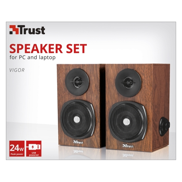 დინამიკი  TRUST VIGOR SPEAKER 24W peak power (12 Watt RMS) / Volume control and power button on the side / USB-powered – no wall power needed -Wood Style