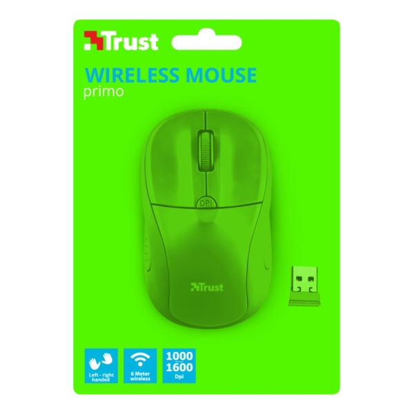 მაუსი  TRUST PRIMO WIRELESS MOUSE Speed select button 1000-1600 DPI- NEON GREEN