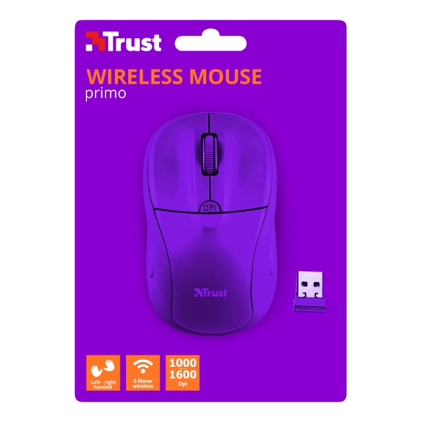 მაუსი  TRUST PRIMO WIRELESS MOUSE Speed select button 1000-1600 DPI- NEON PURPLE