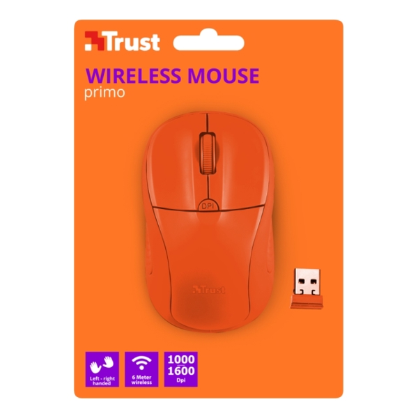 მაუსი  TRUST PRIMO WIRELESS MOUSE Speed select button 1000-1600 DPI- NEON ORANGE