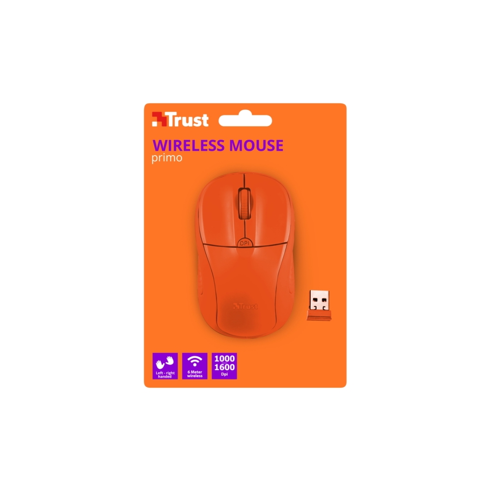 მაუსი  TRUST PRIMO WIRELESS MOUSE Speed select button 1000-1600 DPI- NEON ORANGE