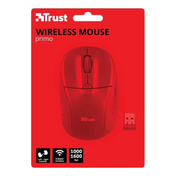 მაუსი  TRUST PRIMO WIRELESS MOUSE Speed select button 1000-1600 DPI- MATTE RED