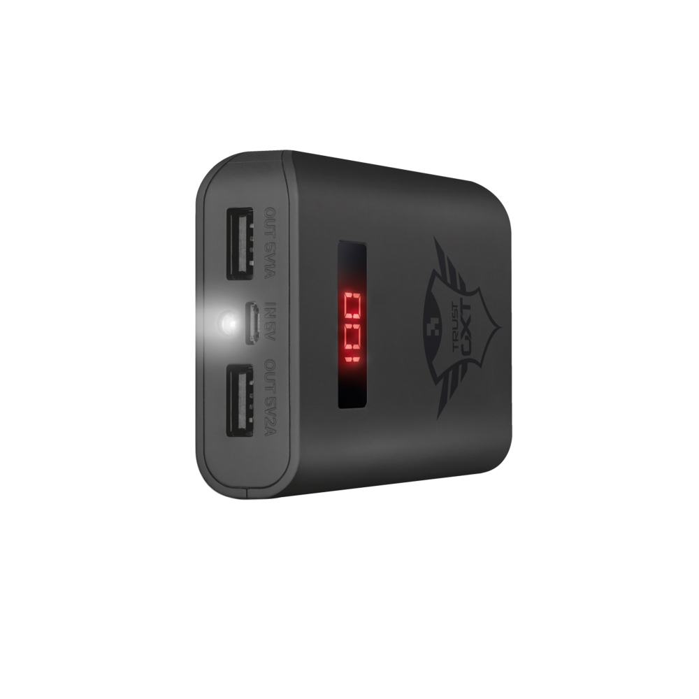 პორტატული დამტენი TRUST GXT 777 XORE 10000 MAH POWERBANK , USB ports with 5W/1A and 10W/2.1A, LCD display , 2 Micro-USB , Flashlight , Also suitable to charge PS4™ controller