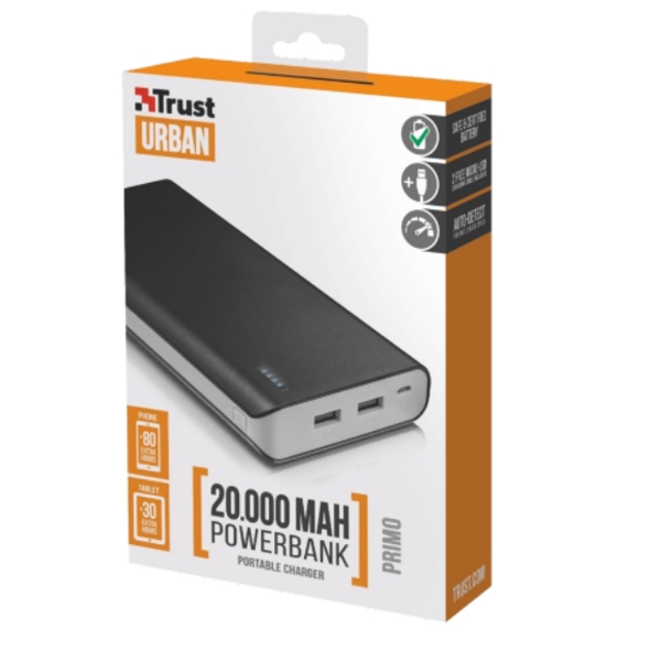 პორტატული დამტენი  TRUST PRIMO POWERBANK 20000MAH -2 USB ports with 12W/2.4A and auto-detection function to charge 2 devices at maximum speed - Black/Grey