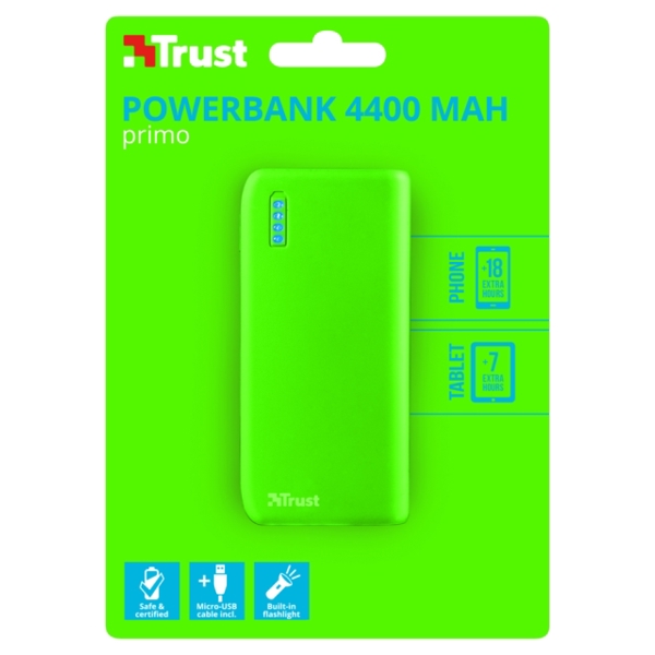 პორტატული დამტენი TRUST PRIMO POWERBANK 4400, Micro-USB charge cable included - NEON GREEN