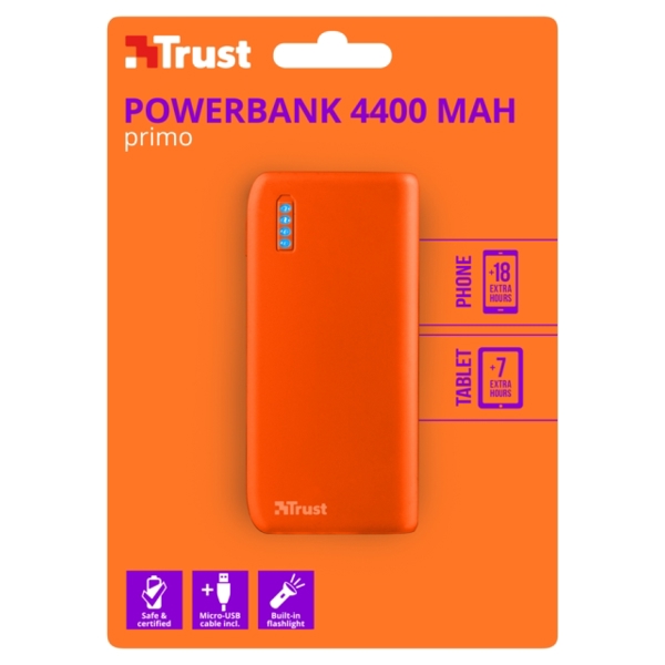 პორტატული დამტენი  TRUST PRIMO POWERBANK 4400, Micro-USB charge cable included - NEON ORANGE