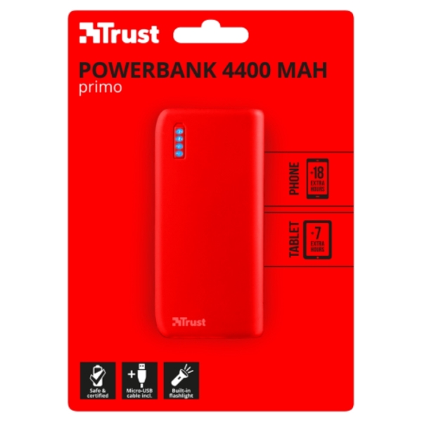 პორტატული დამტენი  TRUST PRIMO POWERBANK 4400, Micro-USB charge cable included - MATTE RED