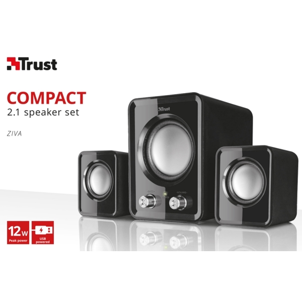 დინამიკი  TRUST ZIVA COMPACT 2.1 SPEAKER SET 12W peak power (6 Watt RMS) Bass and volume control on the subwoofer USB powered: no wall power needed - Black