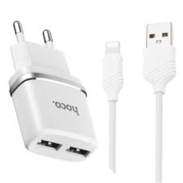 მობილურის დამტენი MOBILE AC CHARGER HOCO C12 SMART DUAL USB (LIGHTNING CABLE)CHARGER SET WHITE