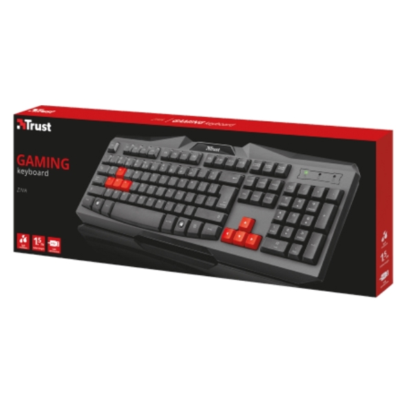 კლავიატურა TRUST ZIVA GAMING KEYBOARD 1.50m cable Spill-proof design Full size layout with red coloured gaming keys