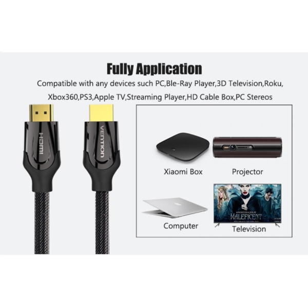 HDMI კაბელი VENTION VAA-B05-B150 Nylon Braided HDMI Cable 1.5M Black Metal Type