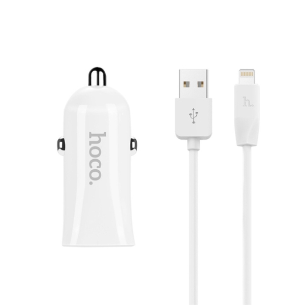 მანქანის დამტენი HOCO Z12 ELITE TWO-PORT CAR CHARGER SET WITH LIGHTNING CABLE WHITE