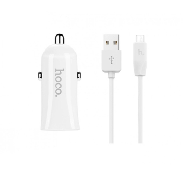 მანქანის დამტენი HOCO Z12 ELITE TWO-PORT CAR CHARGER SET WITH MICRO CABLE WHITE