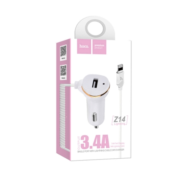 მანქანის დამტენი HOCO Z14 SINGLE PORT WITH LIGHTNING CABLE CAR CHARGER WHITE