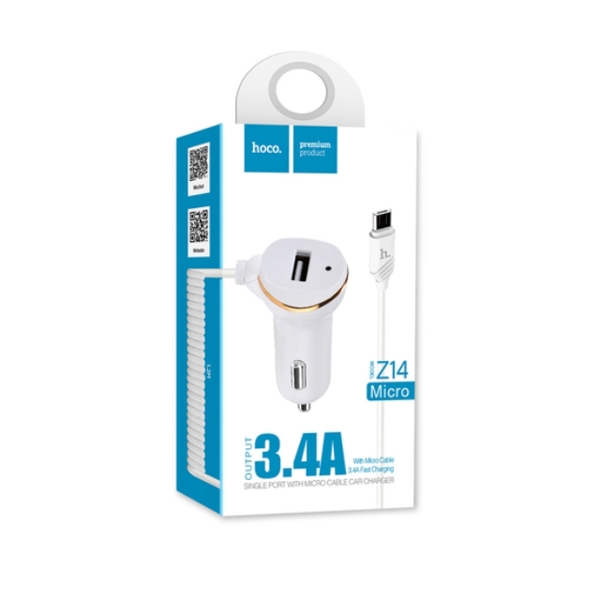 მანქანის დამტენი HOCO Z14 SINGLE PORT WITH MICRO CABLE CAR CHARGER WHITE