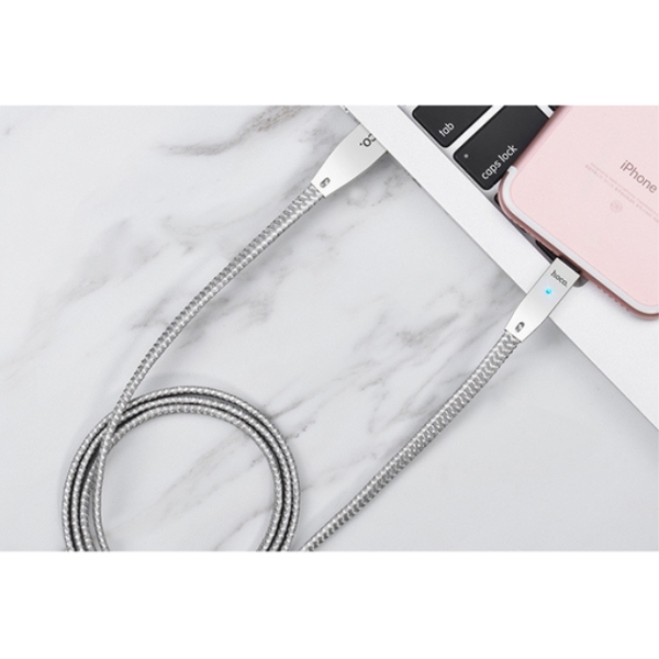 მობილურის დამტენი HOCO U11 ZINC ALLOY REFLECTIVE KNITTED LIGHTNING CHARGING CABLE (INTELLIGENT POWER OFF) SILVER