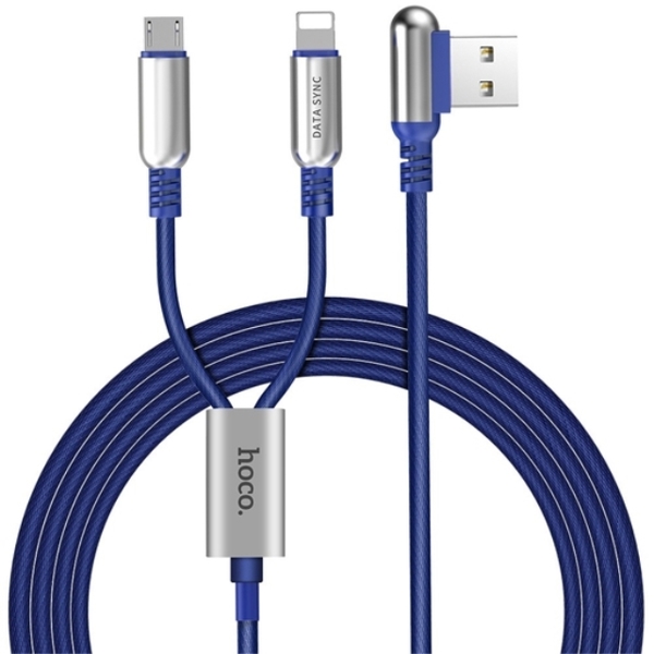 მობილურის დამტენი HOCO U17 CAPSULE ONE PULL TWO CHARGING CABLE,LIGHTNING+MICRO BLUE