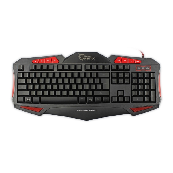 კლავიატურა WHITE SHARK GAMING KEYBOARD GK-1621 SHOGUN RED,104 STANDARD KEYS + 8 MULTIMEDIA,RED LED BACKLIGHT WITH ILLUMINATED LETTERS AND ADJUSTABLE BRIGHTNESS.