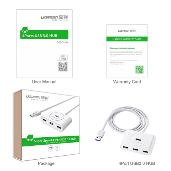 USB ჰაბი UGREEN CR113 (20283) NEW USB 3.0 4 Ports USB Hub with 2.0 OTG  White 1M