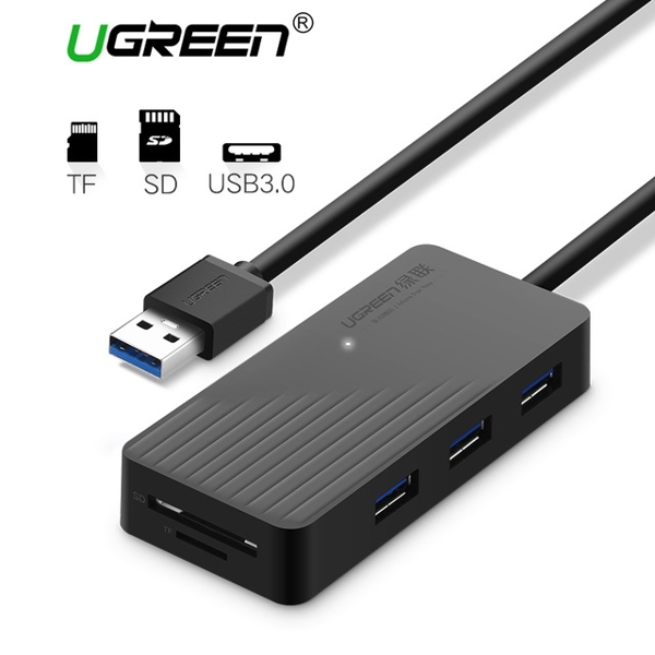 ბარათის წამკითხველი & USB ჰაბი UGREEN CR132 3-Port USB 3.0 Hub with Card Reader CD& Micro 1M Black 30413