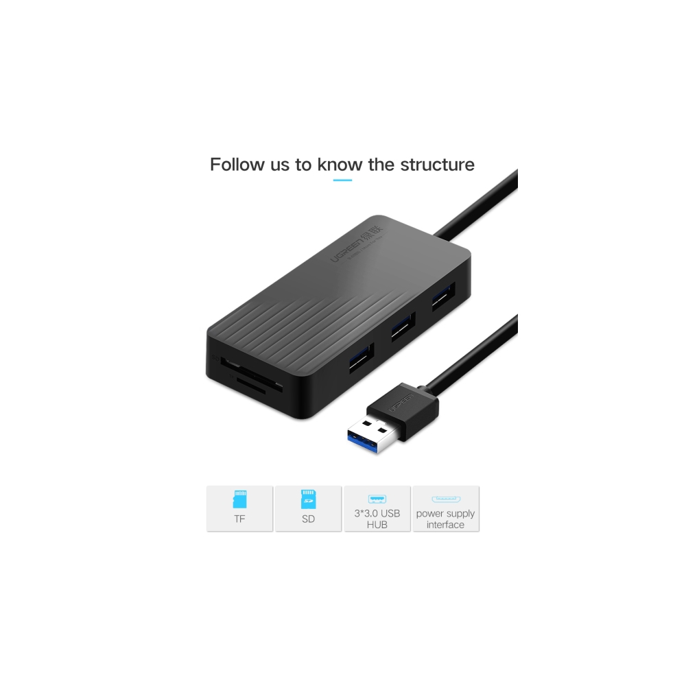 ბარათის წამკითხველი & USB ჰაბი UGREEN CR132 3-Port USB 3.0 Hub with Card Reader CD& Micro 1M Black 30413