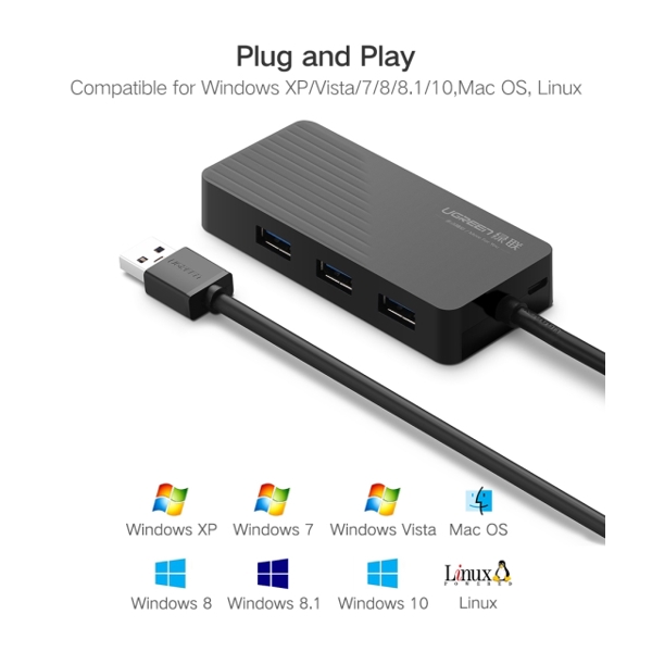 ბარათის წამკითხველი & USB ჰაბი UGREEN CR132 3-Port USB 3.0 Hub with Card Reader CD& Micro 1M Black 30413