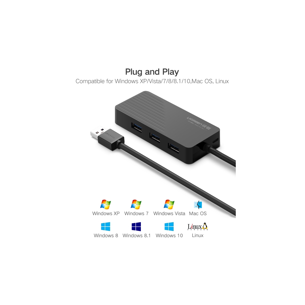 ბარათის წამკითხველი & USB ჰაბი UGREEN CR132 3-Port USB 3.0 Hub with Card Reader CD& Micro 1M Black 30413
