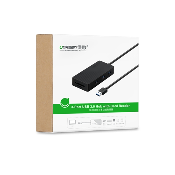 ბარათის წამკითხველი & USB ჰაბი UGREEN CR132 3-Port USB 3.0 Hub with Card Reader CD& Micro 1M Black 30413