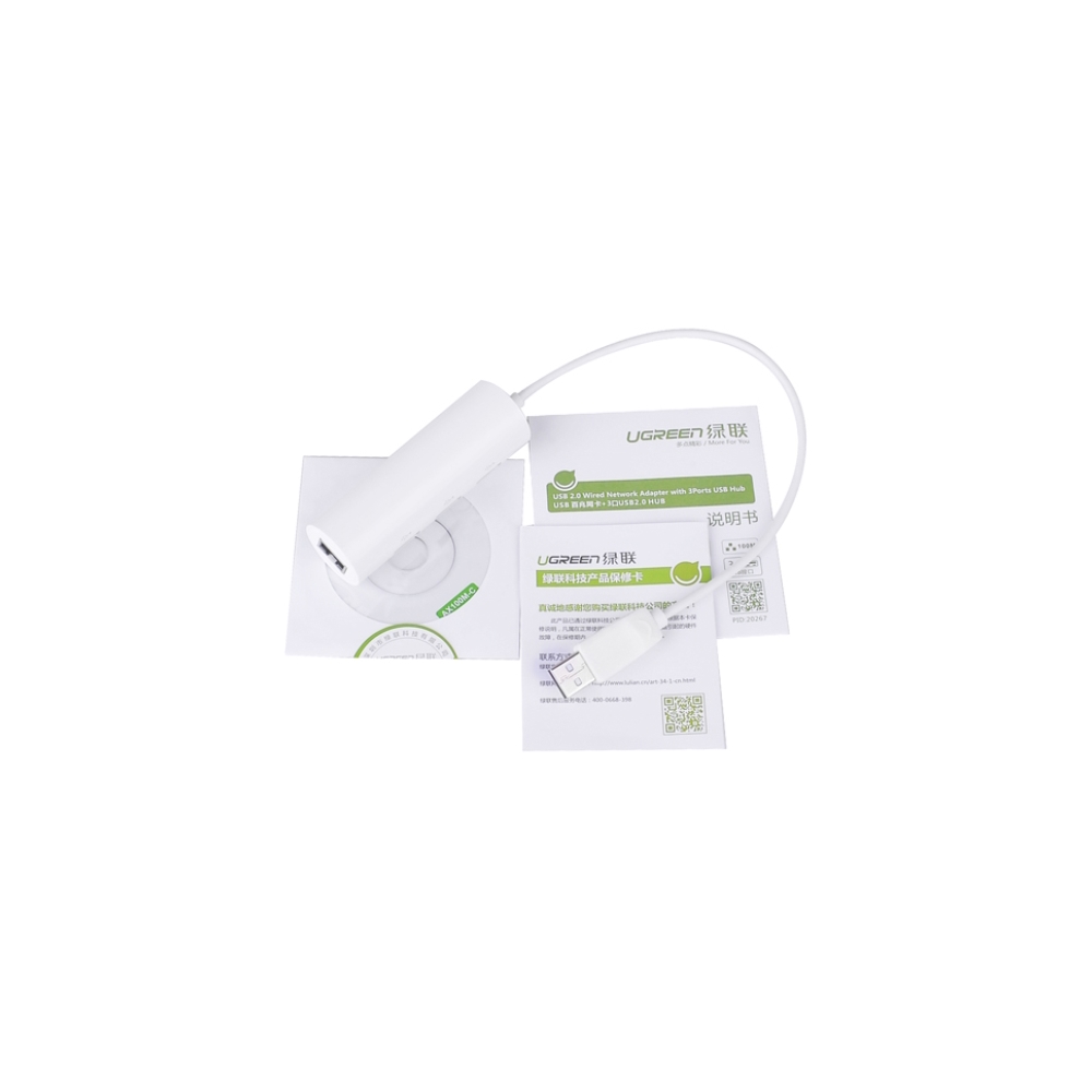 USB ჰაბი UGREEN 20267 USB 2.0 10/100Mbps Ethernet + 3 ports USB 2.0 USB HUB  JR45 to USB to Lan