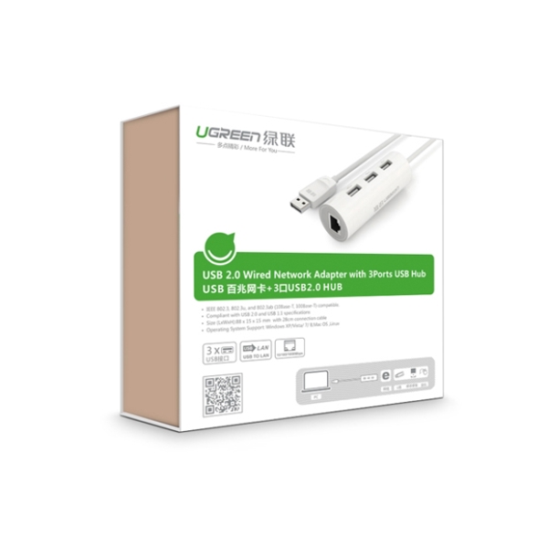 USB ჰაბი UGREEN 20267 USB 2.0 10/100Mbps Ethernet + 3 ports USB 2.0 USB HUB  JR45 to USB to Lan