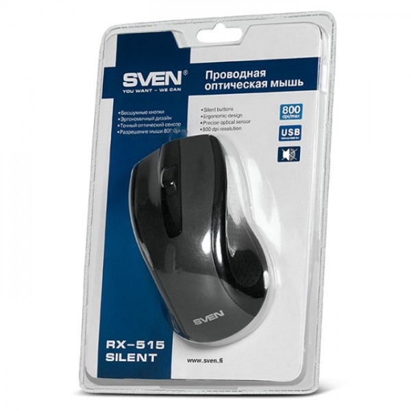 მაუსი SVEN RX-515 Silent ; DPI 800 ; Cable: 1.5M ; noiseless buttons