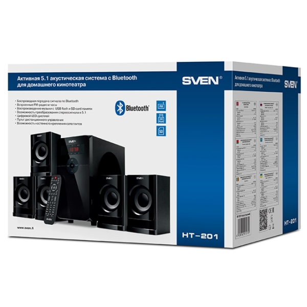 დინამიკი  SVEN HT-201, black (80W, Bluetooth, FM, USB/SD, Display, RC unit)