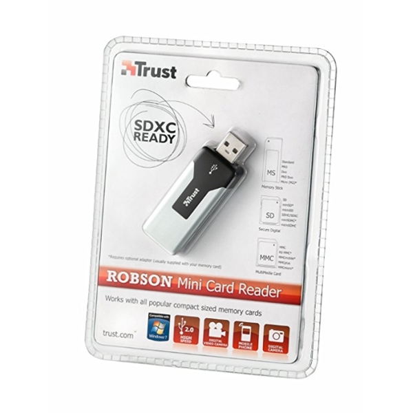 მეხსიერების ბარათის წამკვითხველი TRUST ROBSON Mini high speed USB 2.0 memory card reader,Including USB extension cable, Compact, space saving design - Black/Silver