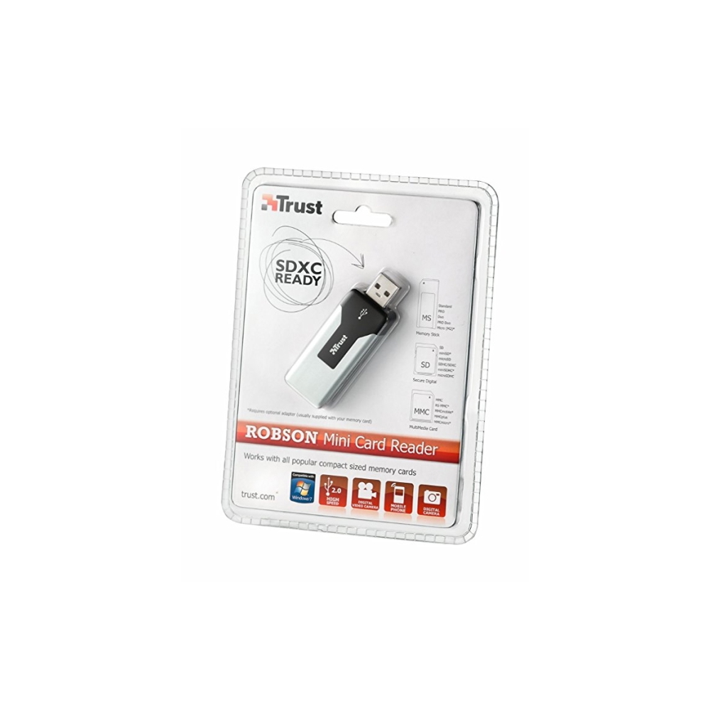მეხსიერების ბარათის წამკვითხველი TRUST ROBSON Mini high speed USB 2.0 memory card reader,Including USB extension cable, Compact, space saving design - Black/Silver
