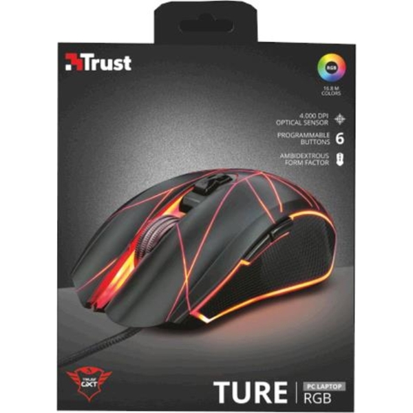 მაუსი TRUST GXT 160 TURE ILLUMINATED GAMING MOUSE/ Full RGB / 170 cm/ On board memory - YES / buttons 7 / DPI range 250 - 4000 dpi/ Polling rate125/ 250/ 500/ 1000Hz / Tracking speed 60ips