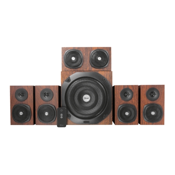 დინამიკი TRUST VIGOR 5.1 SURROUND SPEAKER SYSTEM FOR PC - 150W peak power (75 Watt RMS) / Experience 5.1 home theatre surround sound /Remote control wireless - BROWN