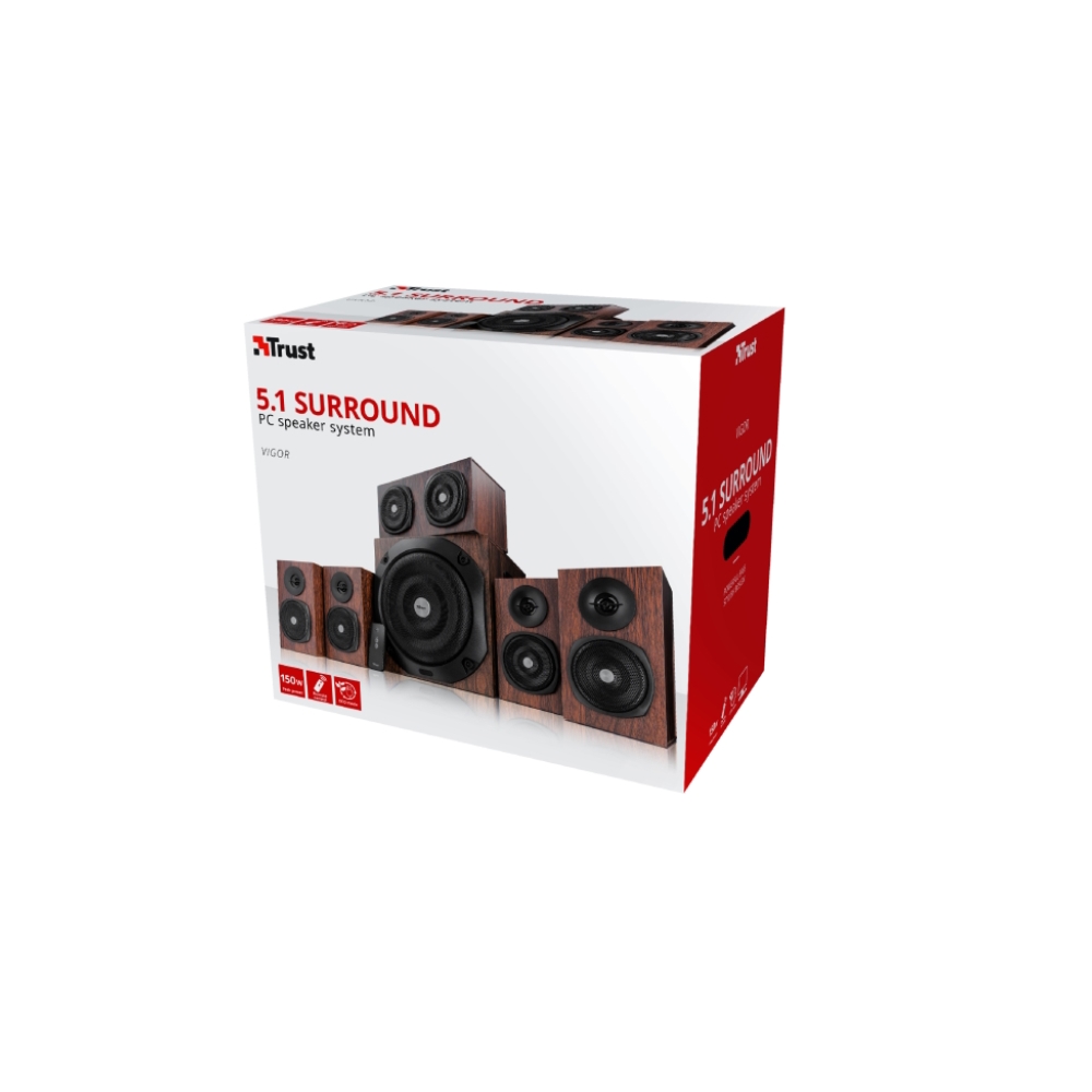 დინამიკი TRUST VIGOR 5.1 SURROUND SPEAKER SYSTEM FOR PC - 150W peak power (75 Watt RMS) / Experience 5.1 home theatre surround sound /Remote control wireless - BROWN