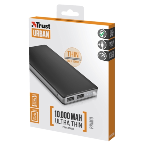 პორტატული დამტენი TRUST PRIMO Ultra THIN POWERBANK 10000 / Output: 1 USB port with 5W/1A and 1 with 10W/2.1A - Black/Grey