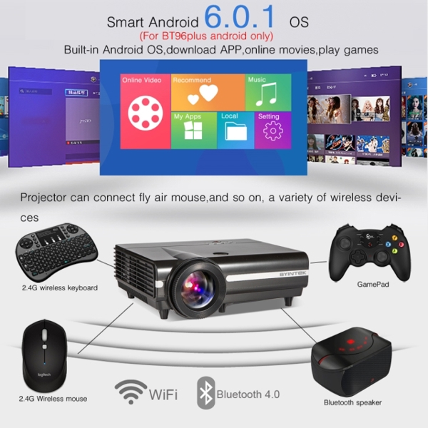 პროექტორი BYINTEK MOON BT96Plus  Android 6.0.1 OS 8GB ROM LED Projector resolution 1280x800 Proyector For Home Theater Full HD 1080P Support 4K Online Video 600 ANSI lumens