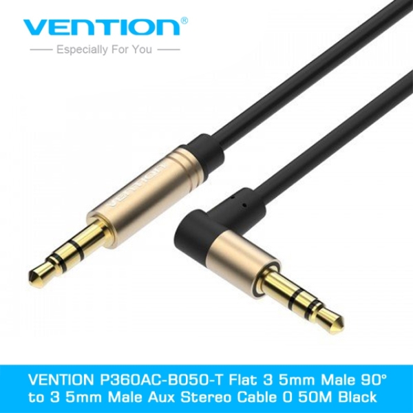 AUX კაბელი VENTION P360AC-B050-T Flat 3 5mm Male 90° to 3 5mm Male Aux Stereo Cable 0 50M Black