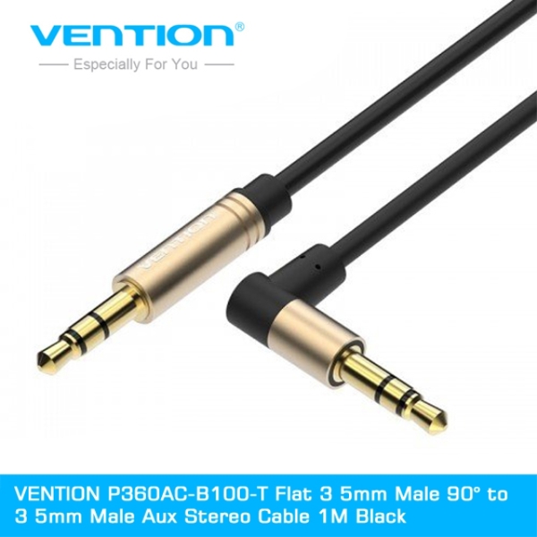 AUX კაბელი VENTION P360AC-B100-T Flat 3 5mm Male 90° to 3 5mm Male Aux Stereo Cable 1M Black