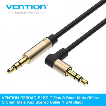 AUX კაბელი VENTION P360AC-B150-T Flat 3 5mm Male 90° to 3 5mm Male Aux Stereo Cable 1 5M Black