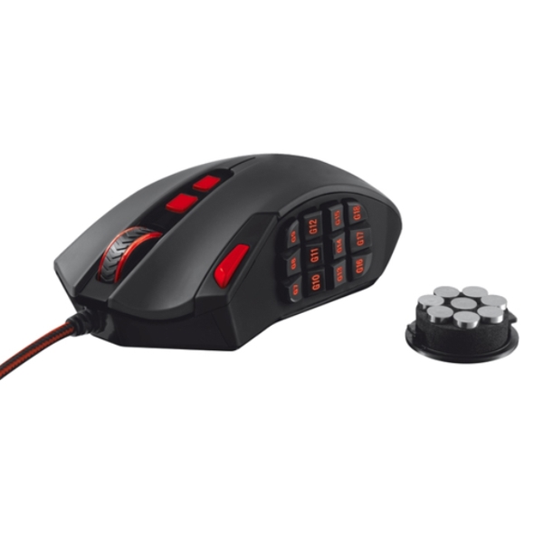 მაუსი TRUST GXT 166 MMO Gaming Laser Mouse, 18 programmable buttons , On-board memory for 5 gaming profile ,Adjustable LED illumination color, Braided cable, Adjustable weights Adjustable LED illumination color DPI adjustable up to 16400