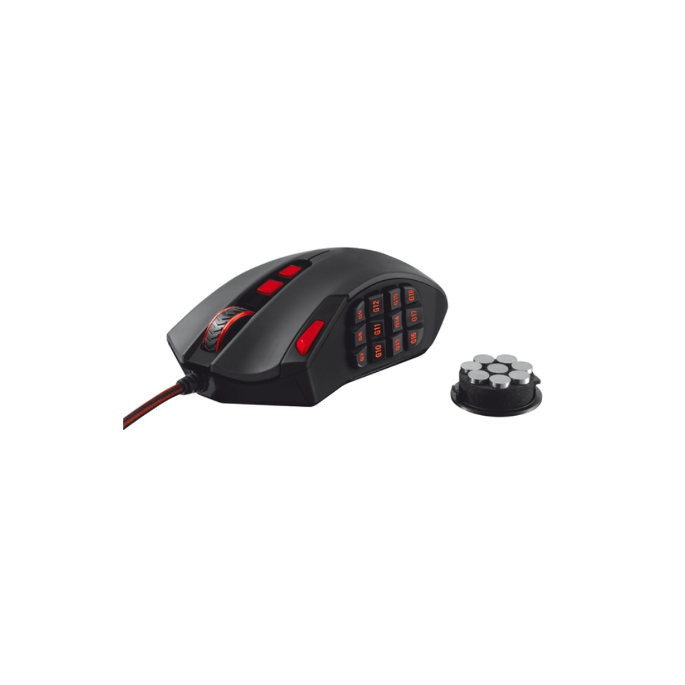 მაუსი TRUST GXT 166 MMO Gaming Laser Mouse, 18 programmable buttons , On-board memory for 5 gaming profile ,Adjustable LED illumination color, Braided cable, Adjustable weights Adjustable LED illumination color DPI adjustable up to 16400