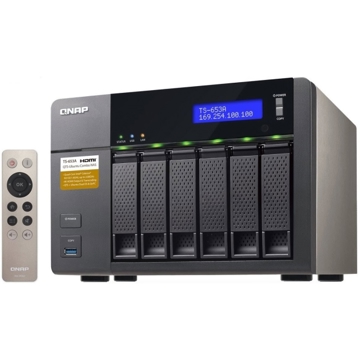 Storage System Qnap TS-653A-4G Tower QTS-Linux Combo NAS: 14 nm Intel Celeron N3150/N3160 1.6 GHz Quad-Core processor, 8th generation Intel HD Graphics, 4GB SODIMM DDR3L-1600 (2 x 2GB), 4 x Gigabit RJ-45 Ethernet port, 2 x HDMI, up to 4K 2160P 30Hz Ultra HD support